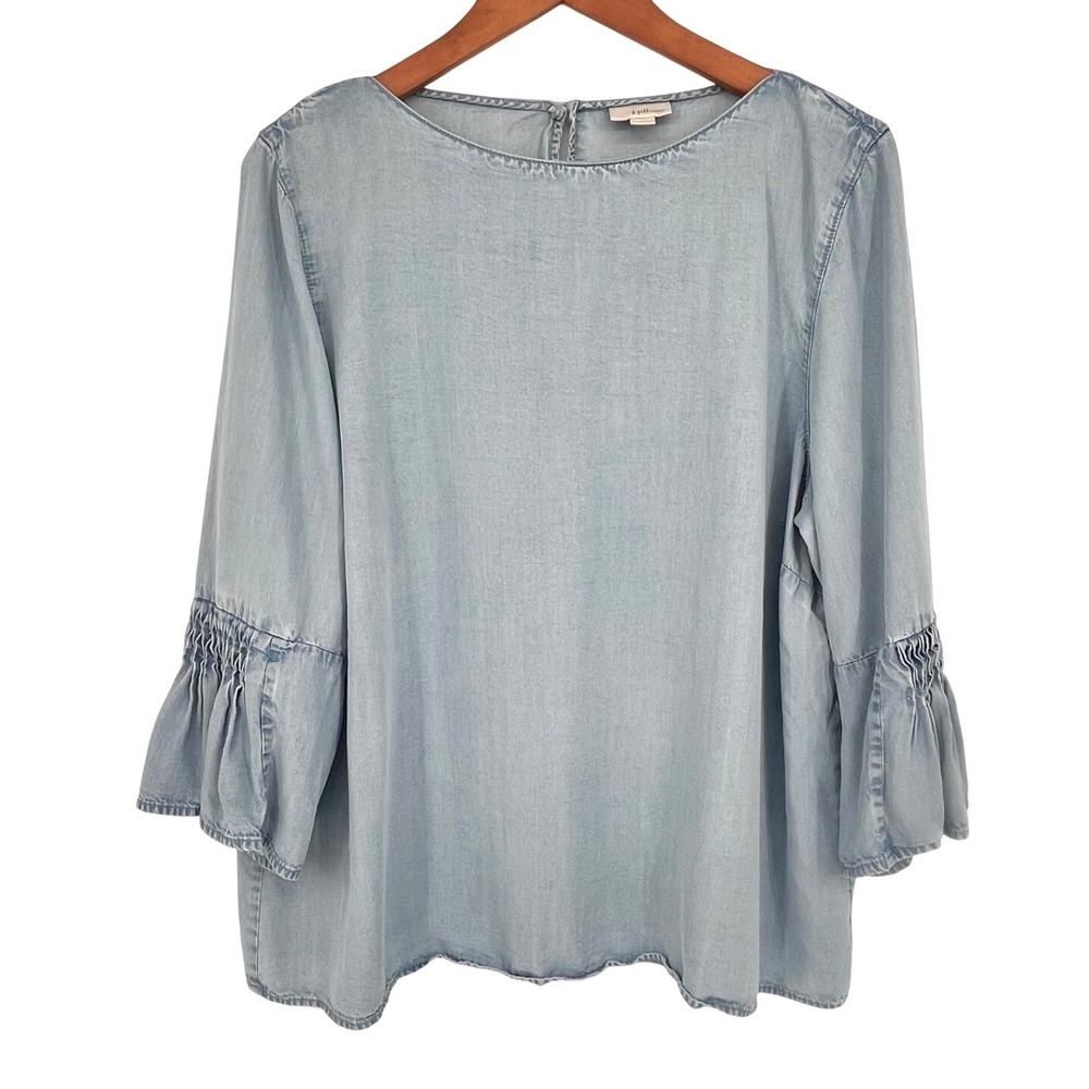J. Jill Denim Blouse Women‎ XL Light Blue Tencel Smocked Ruffle Sleeve Boho